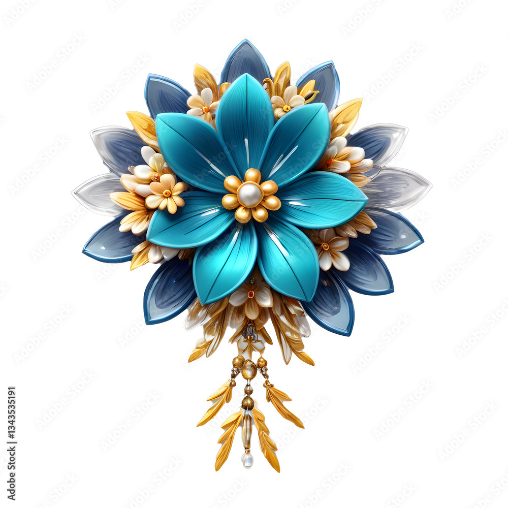 Obraz premium Luxurious floral brooch with turquoise and gold petals shining on white background