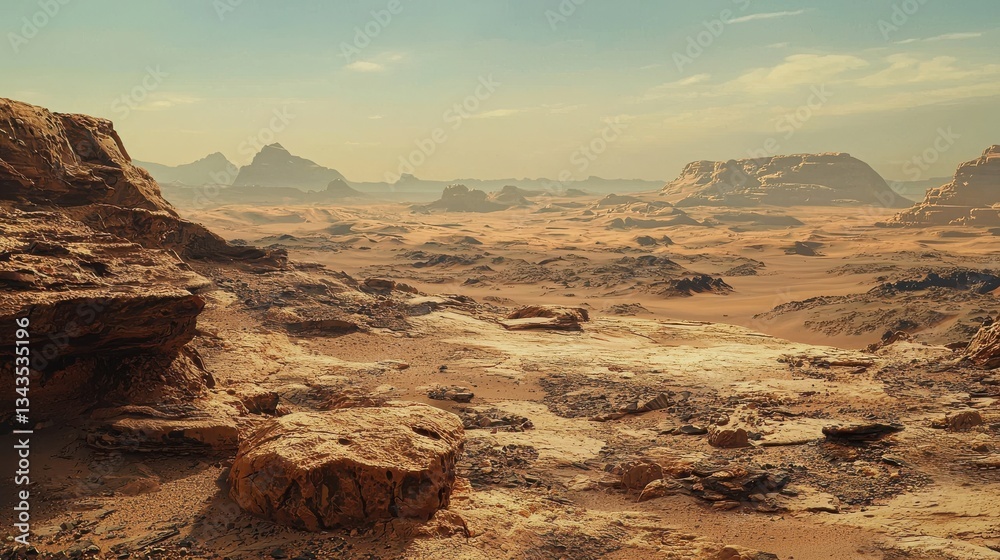 Fototapeta premium Vast Martian-like desert landscape with rocky terrain, distant plateaus under a hazy sky