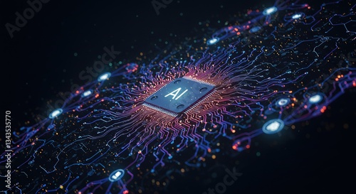 A close up of an ai chip with glowing blue and red connections on a dark background surface