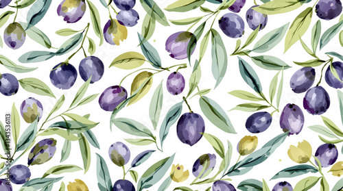 Watercolor Green and black olive on white background, Watercolor olive seamless pattern	