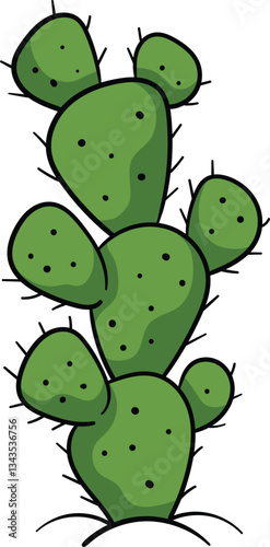 A tall, green prickly pear cactus with multiple pads covered in small black dots and spines