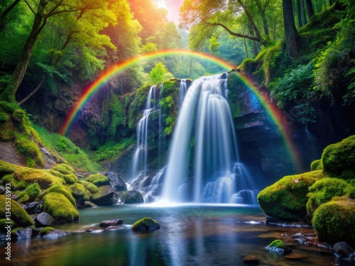 Lush forest, vibrant rainbow waterfall cascades through magical landscape.