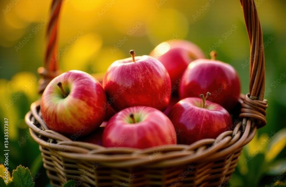 Sunlit red apples in a woven basket in lush greenery Sunlit red apples in a woven basket in lush greenery
