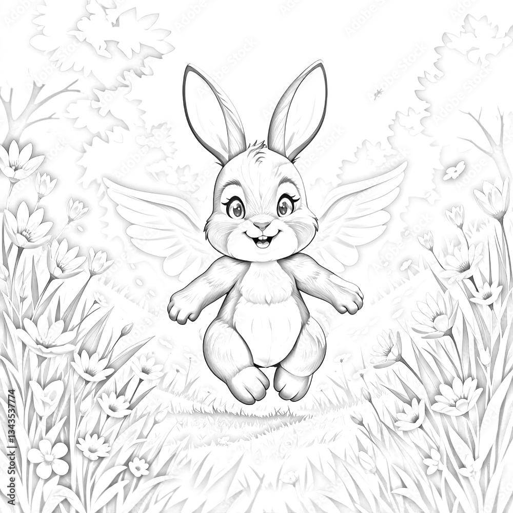 Obraz premium Whimsical Easter Bunny Coloring Page: Printable Art for All Ages. A black and white drawing of a rabbit with wings in a field of flowers.