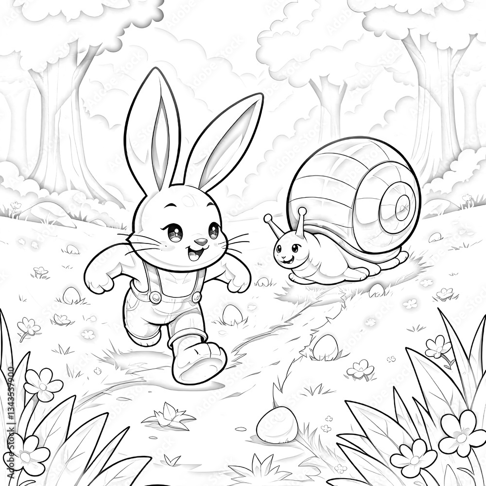 Obraz premium Easter Bunny and Snail in Rustic Forest Scene. A black and white illustration of a rabbit and a snail in a forest.