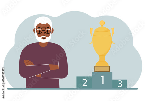 A old man next to the pedestal on which the cup for victory and first place. Vector flat illustration.