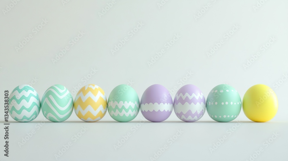 Modern minimalist Easter composition with pastel decorated eggs arranged in a row Modern minimalist Easter composition with pastel decorated eggs arranged in a row