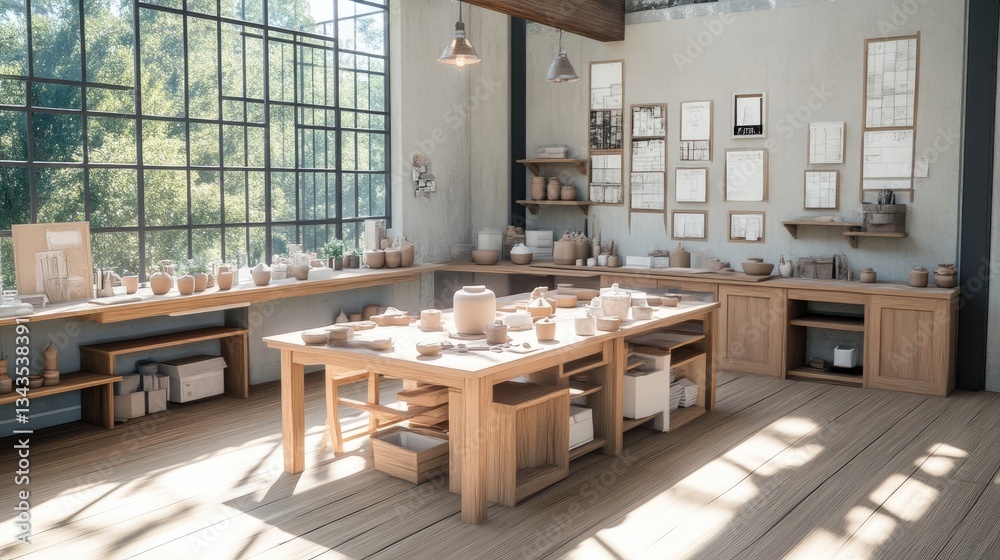 Spacious, sunlit pottery studio with a large worktable, ample storage, and exposed beams