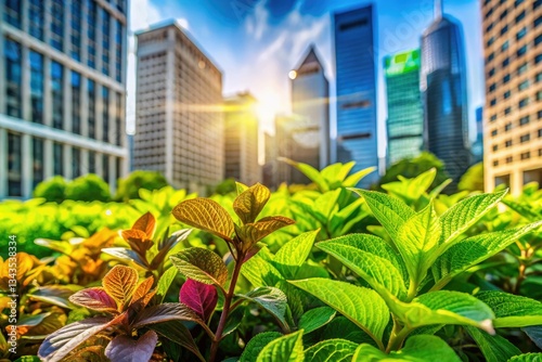 Macro view: vibrant green park contrasts modern skyscrapers, lush greenery thrives amidst urban cityscape.