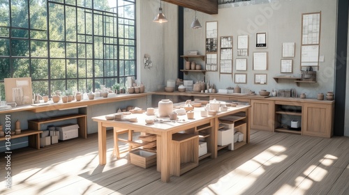 Spacious, sunlit pottery studio with a large worktable, ample storage, and exposed beams