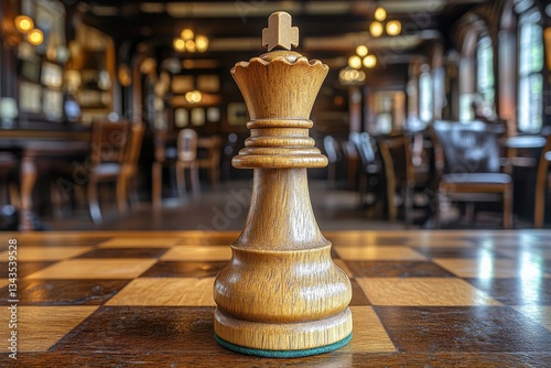 Chess king piece stands tall on a checkered board in a cozy pub setting during the afternoon