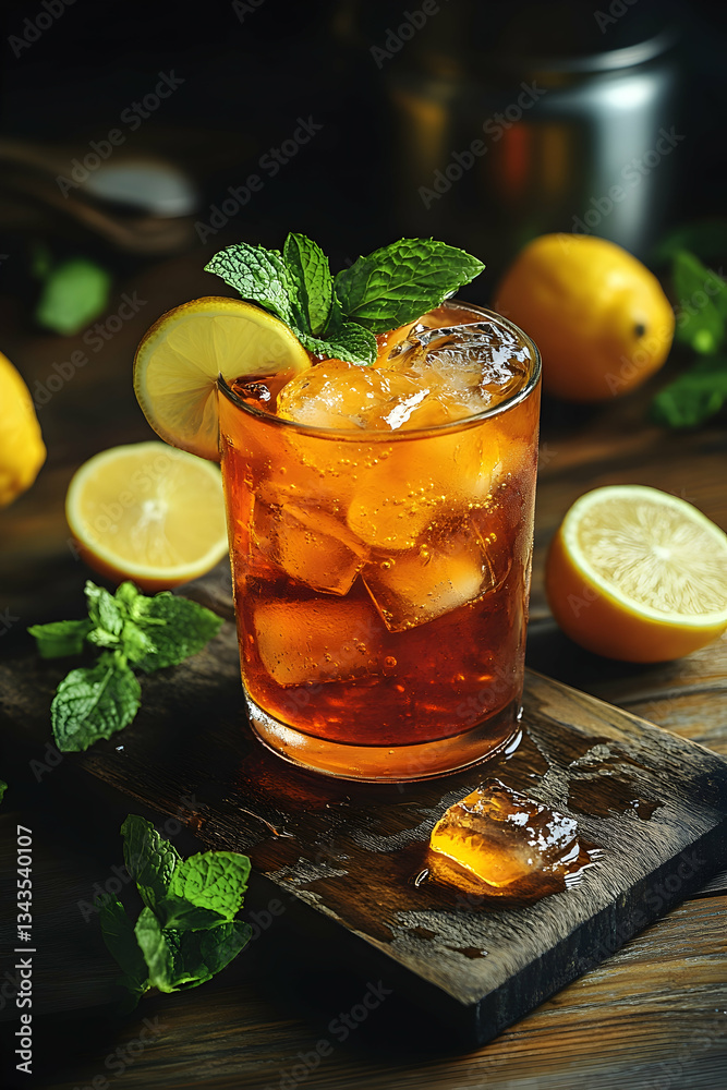 Iced tea with lemon and mint in a glass Iced tea with lemon and mint in a glass