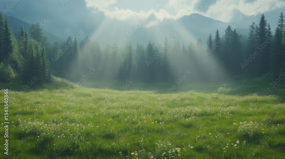 Mountain meadow bathed in sunlight