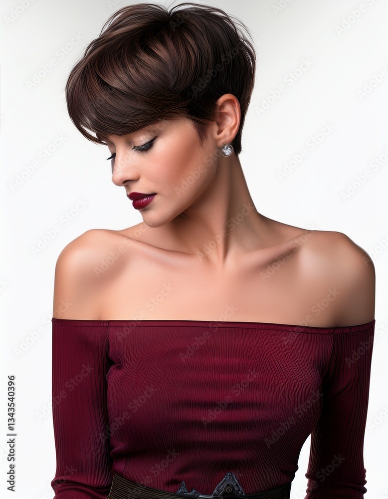 studio portrait of a brunette woman with short hair looking down wearing a low cut dark red bordeaux top with nude shoulders on a white background, fashion photography studio portrait of a brunette woman with short hair looking down wearing a low cut dark red bordeaux top with nude shoulders on a white background, fashion photography