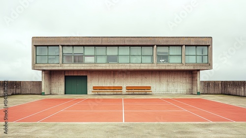 A minimalist concrete building overlooks a red tennis court on a cloudy day