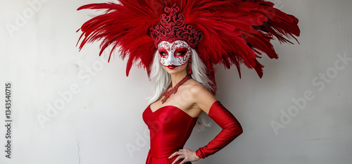 An elegant portrait of a woman in a red masquerade mask with large red feathers crowning her head