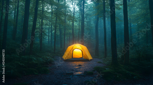 Illuminated tent in a misty, dark forest at night