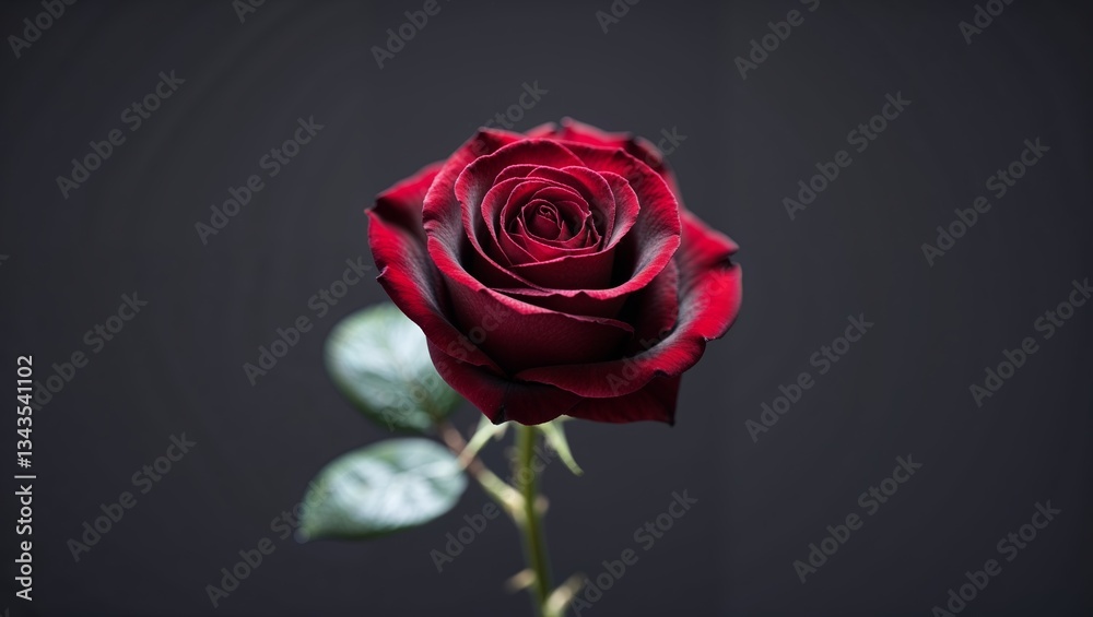 Deep red rose blooming elegantly against a dark backdrop showcasing its petals and leaves with stunning detail Deep red rose blooming elegantly against a dark backdrop showcasing its petals and leaves with stunning detail