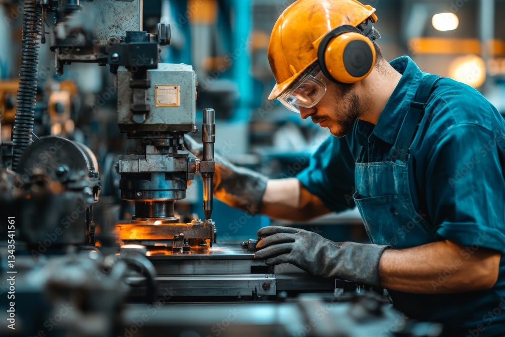 Worker operates machinery in a manufacturing facility with safety gear during a busy production shift Worker operates machinery in a manufacturing facility with safety gear during a busy production shift