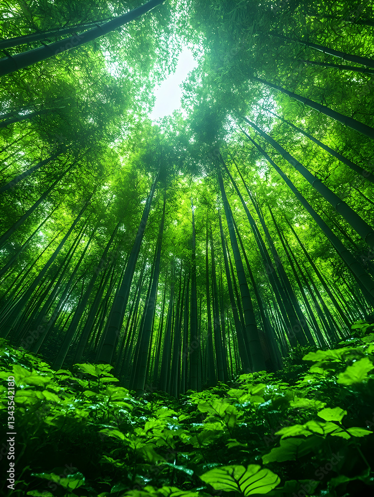 Obraz premium Lush green bamboo forest viewed from below, sunlight filtering through tall stalks