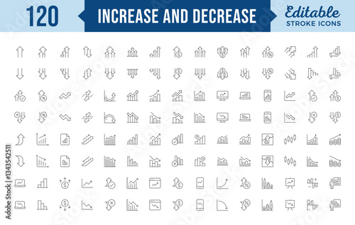Increase and Decrease line Editable Icons set. Graph, Diagram, business growth, finance, economy, statistics, summary, profit, pictogram, fall, arrow up, down
