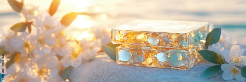 Delicate, Clear Glass Box with Embedded Light, and Blossoms