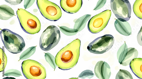 Watercolor pattern avocado on white background	