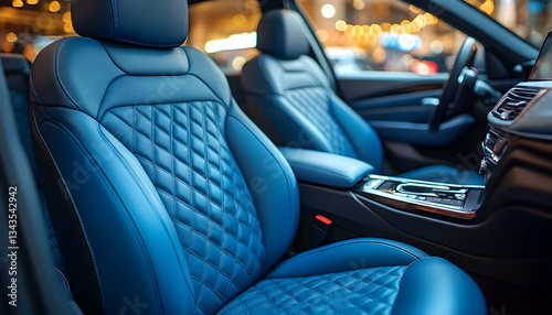 Luxurious blue leather car interior with diamond-stitched seats