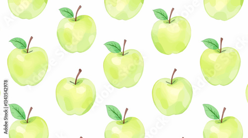 Watercolor pattern green apple white background	