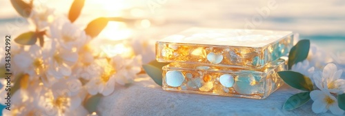 Obraz na płótnie Delicate, Clear Glass Box with Embedded Light, and Blossoms w salonie