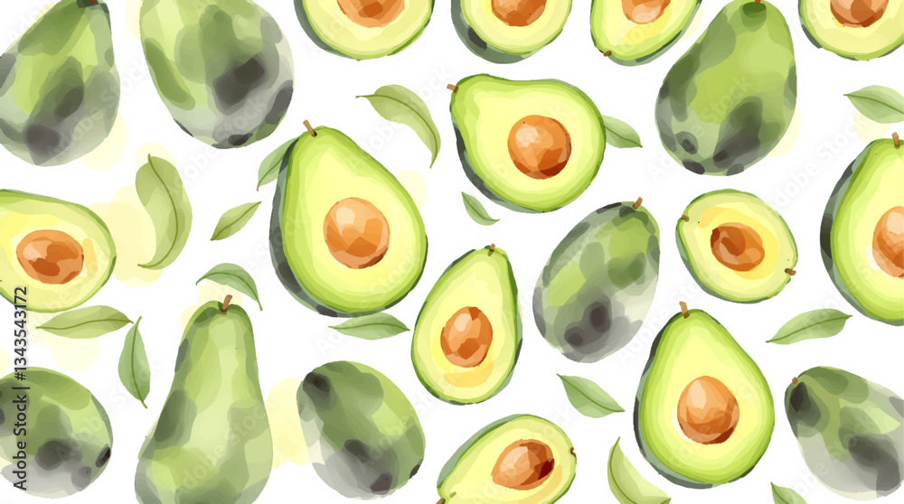 Watercolor pattern avocado on white background	