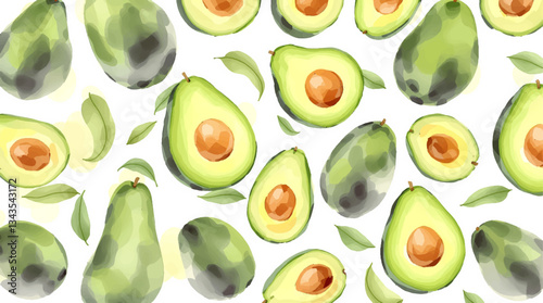 Watercolor pattern avocado on white background	