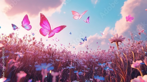 Pink butterflies flutter over a vibrant field of flowers at sunset.
