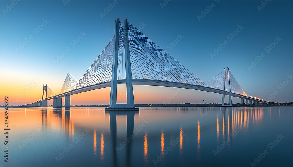 Fototapeta premium Majestic cable-stayed bridge at sunrise reflecting on calm water