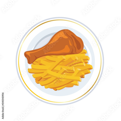 Roasted chicken leg and french fries on a plate top view vector illustration. Baked chicken leg and french fries view from above icon isolated on a white background. Fried chicken leg drawing