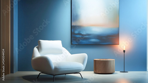 Modern minimalist living room with stylish furniture and artistic decor.