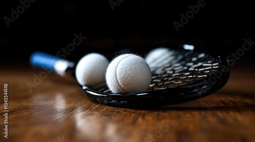 Tennis balls in a racquet on a wooden surface