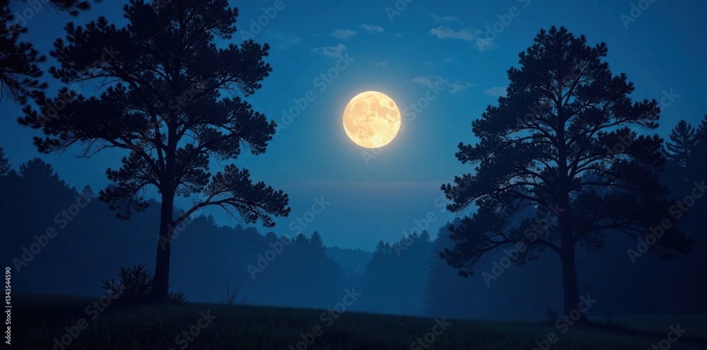 Dark forest at dusk with trees silhouetted against a bright moonlit sky, night, forest Dark forest at dusk with trees silhouetted against a bright moonlit sky, night, forest