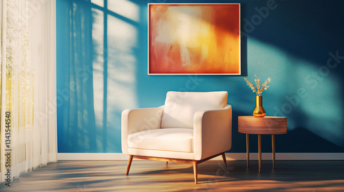 Modern minimalist living room with stylish furniture and artistic decor.