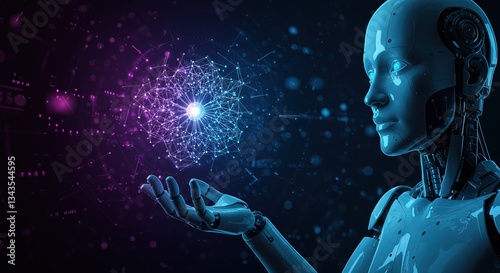 A humanoid robot holding a glowing network node in its hand with a futuristic background scene