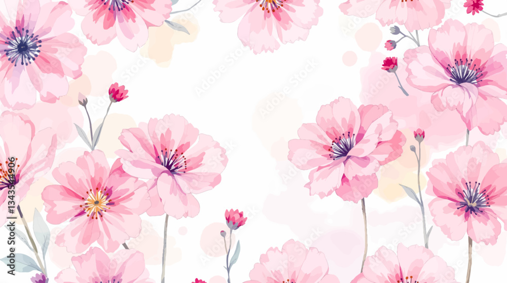 Watercolor seamless pattern pink wild flowers on the white background