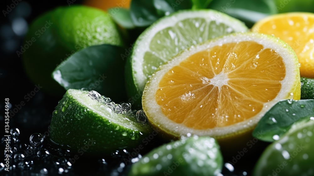 Freshly cut limes and lemons, vibrant citrus fruits with water droplets, perfect for drinks or desserts