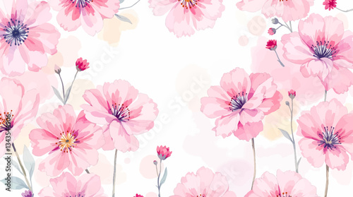 Watercolor seamless pattern pink wild flowers on the white background