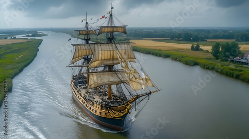 Majestic tall ship sailing a calm river, under a cloudy sky