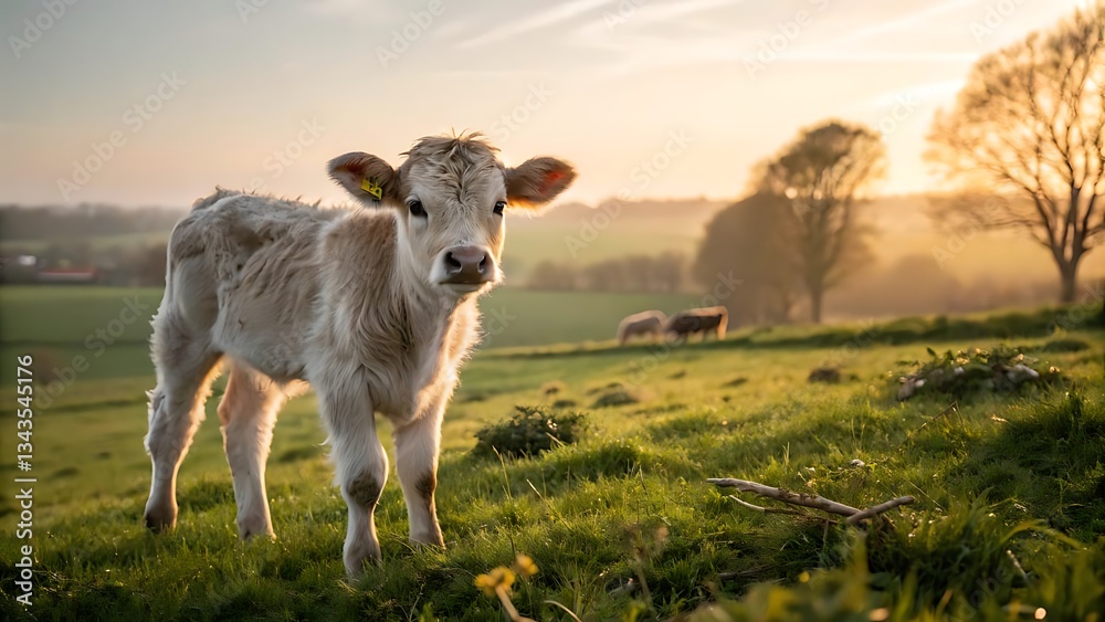 Brown and white cow grazing on a green pasture with other farm animals like goats and sheep in the field during a sunny summer day Brown and white cow grazing on a green pasture with other farm animals like goats and sheep in the field during a sunny summer day