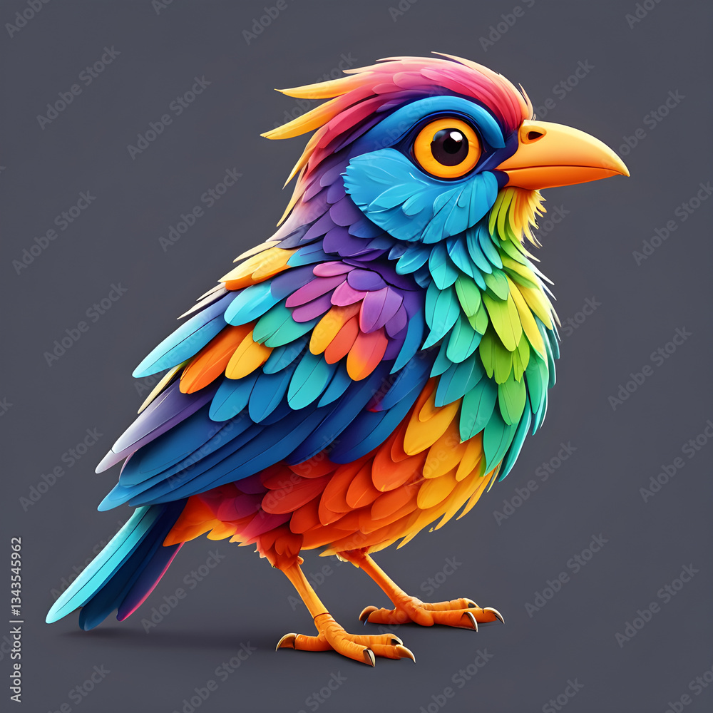 Obraz premium Colorful fantasy bird with vibrant plumage standing on gray background