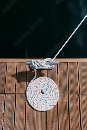 Cuadro en lienzo White striped rope is wrapped around the bollard on the pier