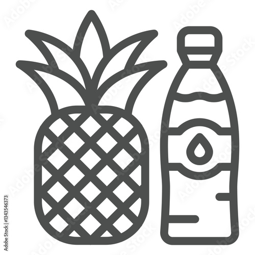 Pineapple and mineral water bottle line icon, thailand resort concept. Vector graphics. Pine apple fruit with bottle sign on white background, outline style icon for mobile or web design.
