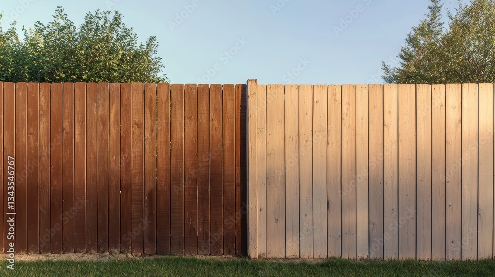 Sturdy Wooden Fence with Fresh Coat of Paint, Dividing Two Landscapes Under Clear Sky Sturdy Wooden Fence with Fresh Coat of Paint, Dividing Two Landscapes Under Clear Sky