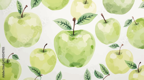 Watercolor pattern green apple white background	